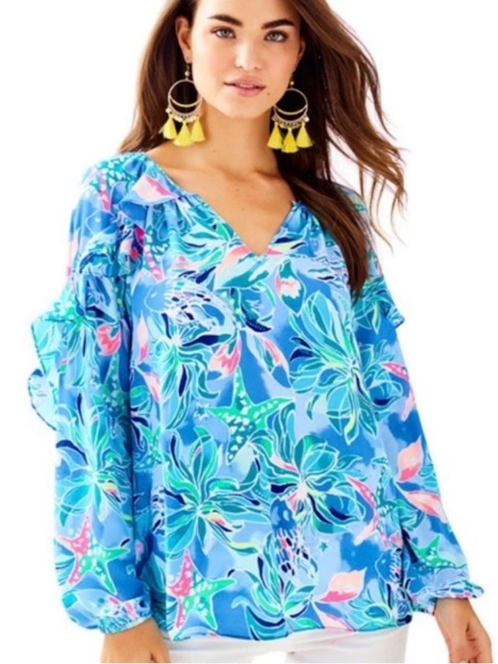 Lilly Pulitzer Blue, Coral & Mint Floral Ruffle Blouse